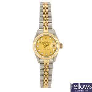 (714010708) A bi-metal automatic lady's Rolex Datejust bracelet watch.