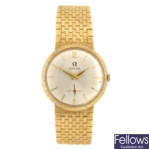 (104996648) A 14k gold manual wind gentleman's Omega De Ville bracelet watch.