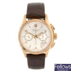 (301153688) A gold plated automatic chronograph gentleman's Hamilton Jazzmaster wrist watch.