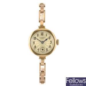 (207305351) A 9ct gold manual wind lady's J W Benson bracelet watch.