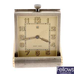 (8015) A manual wind eight day LeCoultre travel clock in a silver textured case.