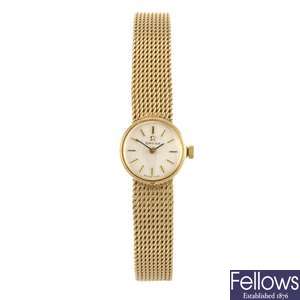 (3807) A 9ct gold manual wind lady's Omega bracelet watch.