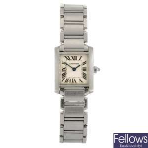 (94703) A stainless steel quartz Cartier Tank Francaise bracelet watch.