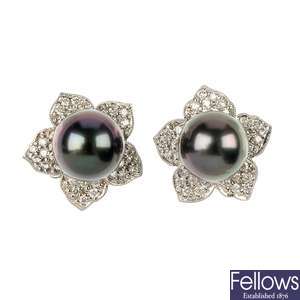 A pair of 18ct gold cultured pearl and diamond floral ear studs.