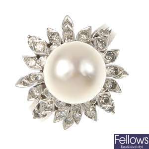 A cultured pearl and diamond stylised floral cluster ring.