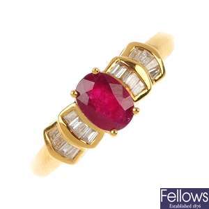 An 18ct gold glass-filled ruby and diamond dress ring.