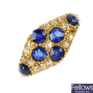 A late 19th century gold sapphire and diamond dress ring.