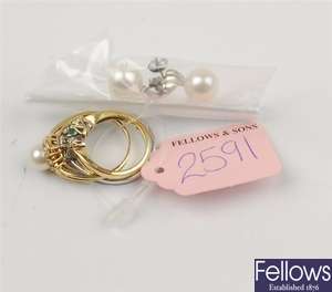 (123171339) 9ct drop earrings, three assorted rings
