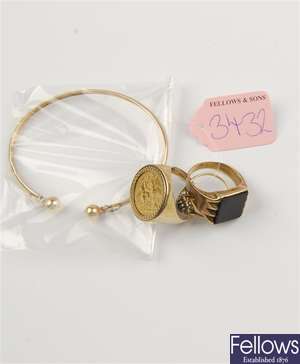 (709020626)  torque bangle, ring mounted coin, two assorted rings