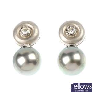 A pair of 18ct gold stained cultured pearl and diamond ear pendants.