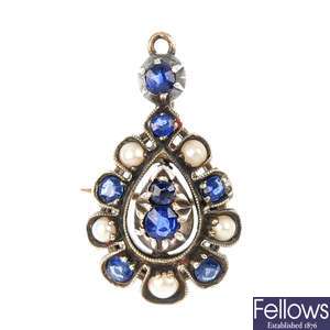 An early 20th century continental silver and gold sapphire and seed pearl brooch.