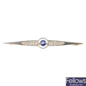 An early 20th century 15ct gold sapphire and diamond bar brooch.