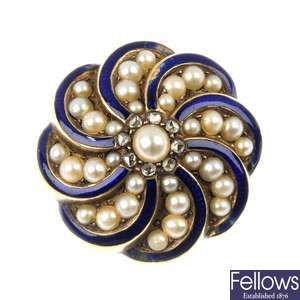 A late Victorian seed pearl and diamond brooch, circa 1880. 