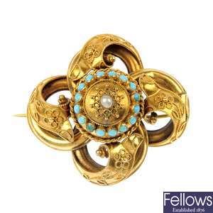 A late 19th century 18ct gold turquoise and seed pearl brooch.