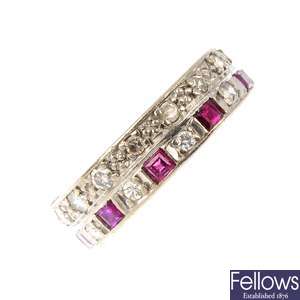 A ruby and diamond full-circle eternity ring. 
