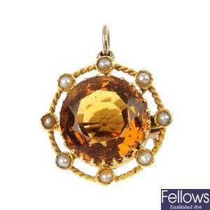 An early 20th century 15ct gold citrine and seed pearl pearl brooch.