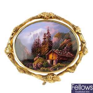 A late 19th century 18ct gold painted miniature scenic brooch.