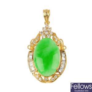 A dyed jade and cubic zirconia pendant.