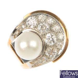 A cultured pearl and diamond cocktail ring.