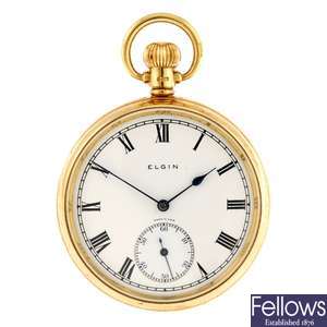 (602038798) A 9ct gold keyless wind open face pocket watch signed Elgin.