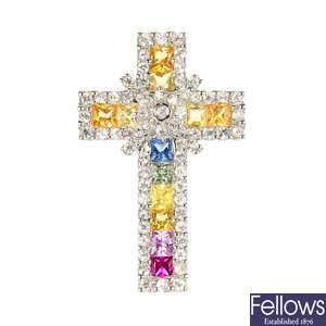 An 18ct gold sapphire and paste cross pendant.