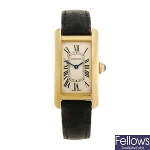 (901011582) An 18k gold quartz Cartier Tank Americaine wrist watch.