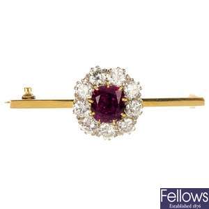 A ruby and diamond cluster bar brooch.
