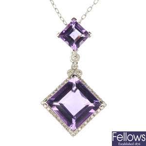 An amethyst and diamond necklace.