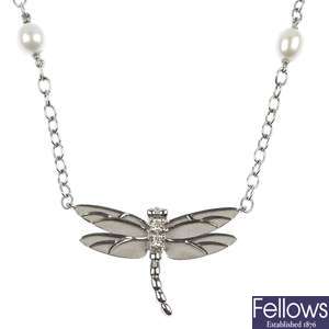 TIFFANY & CO. - an 18ct gold diamond and cultured pearl dragonfly pendant.