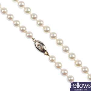  An 18ct gold cultured pearl and diamond necklace.