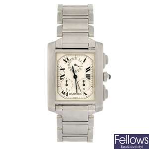 A stainless steel quartz chronograph Cartier Tank Francaise bracelet watch.