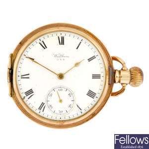 A gold plated keyless wind full hunter pocket watch by Waltham.