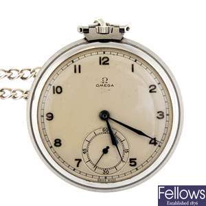 A stainless steel keyless wind open face pocket watch by Omega.