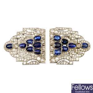 A mid 20th century sapphire and diamond double clip.