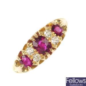 A late 19th century 18ct gold ruby and diamond ring. 