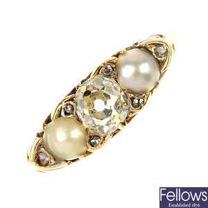 A late 19th century gold diamond and split pearl dress ring.