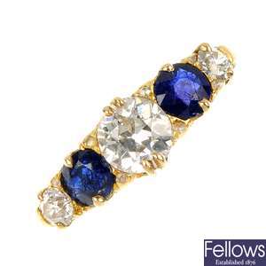 A late Victorian 18ct gold sapphire and diamond ring, circa 1890. 