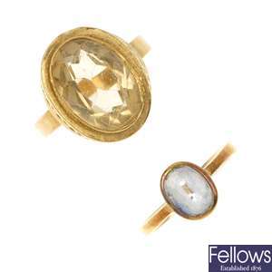 A sapphire ring and a citrine ring.