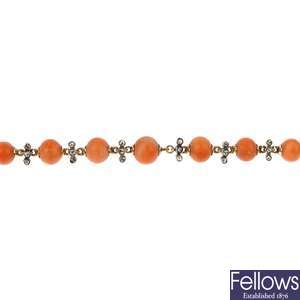 A late 19th century 9ct gold and silver coral and diamond bracelet.