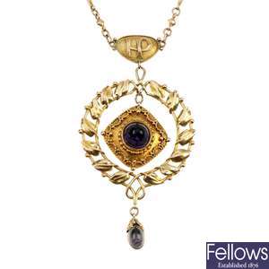 An Arts & Crafts gold amethyst necklace.