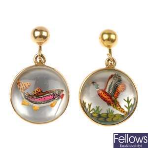 A pair of mid 20th century reverse carved intaglio ear pendants.