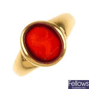 A late 19th century 18ct gold carnelian seal ring.