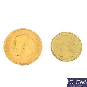 George V, Sovereign 1915 and Arabic coin.