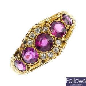 A late 19th century 18ct gold garnet and diamond five-stone ring.