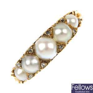 A late 19th century 18ct gold split pearl and diamond ring.