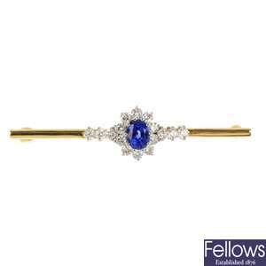 An 18ct gold sapphire and diamond cluster bar brooch.