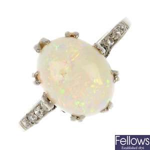 A mid 20th century opal and diamond dress ring. 
