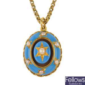 A late 19th century gold split pearl and enamel mourning pendant.