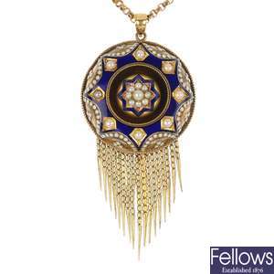 A late 19th century 12ct gold enamel and split pearl pendant.