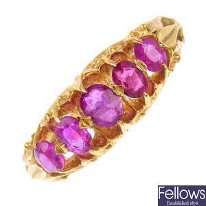 An early 20th century 18ct gold ruby five-stone ring.